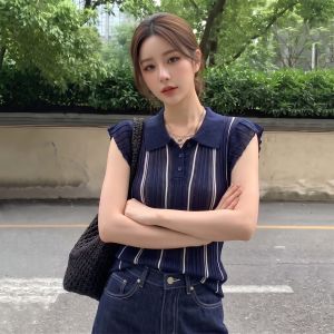 AIYITI | Áo Thun Polo cổ Đứng Kẻ Sọc Knit Không Tay Phong Cách Retro