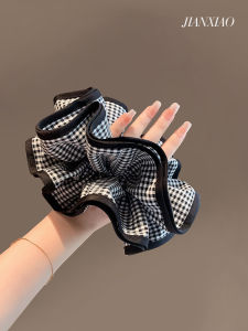 ริบบิ้นผมลายสก็อตสีดำและสีขาวขนาดใหญ่สไตล์ย้อนยุค ตกแต่งด้วยดอกไม้และริบบิ้นผ้าลายดอกไม้สไตล์เกาหลี สำหรับฤดูใบไม้ร่วงปี 2024