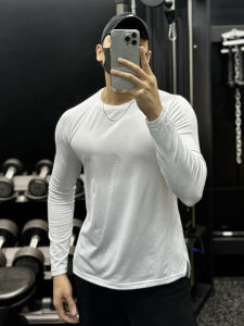 Mens Long Sleeve round Neck Training T-Shirt Fitness Running Elastic Quick Dry Muscle Gymwear Top Moisture Wicking Breathable Polyester