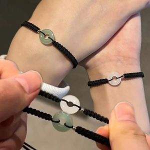 2Pcs Imitation Jade Ping An Buckle Couple Bracelets For Women Men Chinese Pray Safety Buckle Black Rope Adjustable Bracelet Jewelry Valentines Day Gift