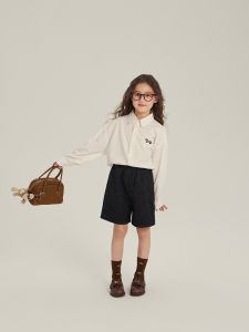 Girls Korean Style Simple Embroidered College Wind White Shirt Autumn Top Childrens Loose Layered Long Sleeve Turn-down Collar Shirt