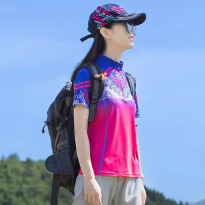 2024 New Arrival Quick Drying Clothes Womens Short Sleeve Outdoor Sports Short Sleeve Stand Collar Tops Retro Print Summer Casual T-shirt