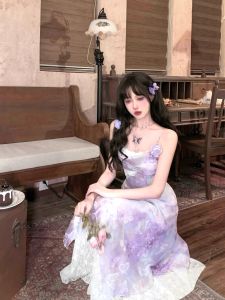 Váy Ren Tay Ngắn Màu Tím Mềm Mại Cổ Điển Kiểu Pháp Bull0313 One San Váy Nữ Mùa Hè Cao Cấp Không Tay Váy Dài Cạp Cao