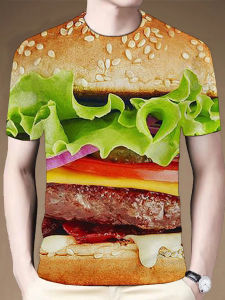 Summer 2025 Thin round Neck Short Sleeve T-Shirt 3D Print Loose Breathable Cool Feeling Burger Series Creative Standard Fit Polyester Fiber