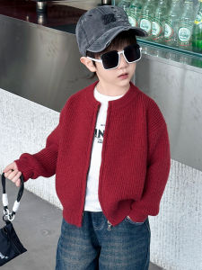 Adorable Angora Red Knitted Cardigan Sweater for Boys Cute Festive Outerwear Soft Nylon Material Long Sleeve round Neck Zipper Closure