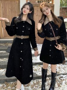 Slimming A-Line Midi Dress Korean Style Womens Clothing Spring New Vintage Elegant Black Dress High Waist Button Detail Polyester Fabric Long Sleeve