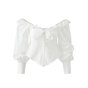 La lune Du ciel | Áo Blouse Voan Cổ Vuông Tay Lượn Đèn Có Hoa Văn