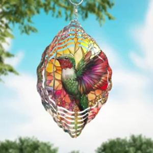 Hummingbird Wind Spinner 10 Inch - 360° Rotating Hook Vibrant Iridescent Metal Outdoor Decor for Garden Balcony Spring Summer