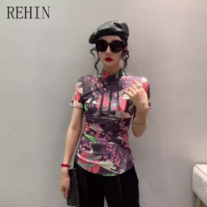 REHIN Women's Top: Buckle Stand Collar Fashion Shirt & European Style Retro Slim Fit