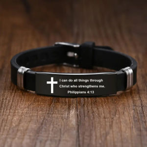 Christian Cross Bible Verse Bracelet Black Stainless Steel Inspirational Faith Bracelets For Men Women Jewelry