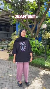 Setelan Wanita Jumbo Terbaru Jean Set Kaos Katun Combed 24s Apk Sablon Oneset Cargo Remaja Viral