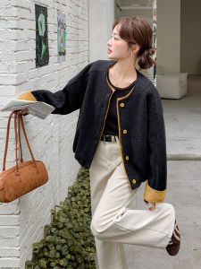 Deep Grey Spliced Casual Style Short Jacket Womens Fashion Autumn New Small Size Versatile Top Light Luxury Brand Loose Fit