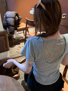 Áo Thun Nữ Tay Ngắn Hở Lưng Ren Xếp Nếp Ôm Eo Mùa Hè Phong Cách Hàn Quốc Cotton Nguyên Chất Thường Ngày