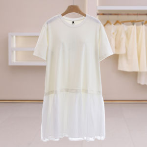 Comfortable Solid Color Mesh Spliced Dress Summer Womens