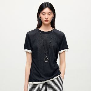 DESIGNICE | Cotton Color Block Faux Two-piece Round Neck Short Sleeve Womens T-shirt