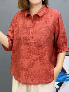 Casual Polo Collar Loose Fit Floral Embroidery Shirt for Middle-Aged Women Summer New Style Slimming Top Comfortable Casual Wear