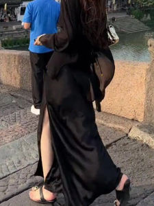 Black Acetate Satin Half-length Skirt Women Early Autumn 2025 New Glossy Elastic High Waist Slimming Split Long Skirt