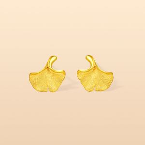 ZHOU LIU FU 周六福 999 24K Solid Gold Stud Earrings Ginkgo Leaf Earring Pure Gold Studs with Jewelry Box for Women Wife Lady Anniversary Birthday A0914035
