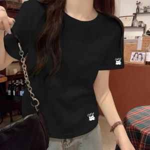 SUSHOUWANGE | Áo Thun In Mèo Tròn Cổ Trắng T Tay Ngắn