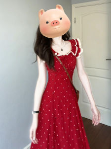 NIUVIES | Flounce Sleeves Red Polka Dot Waist Accentuated Long Dress