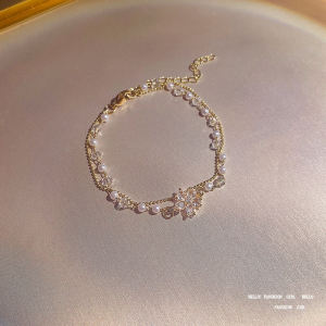 Trendy Titanium Steel Double Layer Pearl Bracelet Womens Extra Sparkling Exquisite Zircon Flower Pendant Hand Bracelet New Model Hand Jewelry