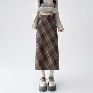 High Waist Plaid Woolen Mini Skirt Womens Autumn Winter Vintage Straight Cut Slim Fit Long Skirt A-Line Midi Skirt