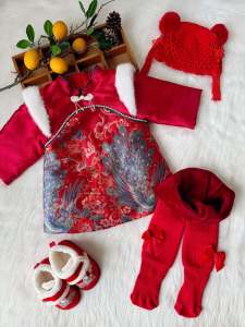 Princess Style Thickened Winter Cheongsam Baby Girls New Year Clothes One Year Old Birthday Ceremony Clothes Cotton Blend Fabric