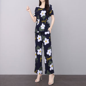 แฟชั่นชุดผ้าฝ้ายเทียมสําหรับผู้หญิงที่สมบูรณ์แบบสําหรับฤดูร้อนมาใหม่มีสไตล์แขนสั้น Flared เก้าจุดชุดสองชิ้น