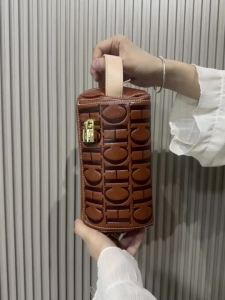 CH | CH Womens Letter Embossed Waist Bag PU Leather Cylinder Fanny Pack with Lock Adjustable Belt Casual Crossbody Bag