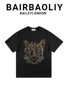 Luxurious Brand Heavy Embroidered Drill Rhinestone Bold Leopard Head Mens Short Sleeve Tshirt