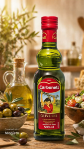 Carbonell Olive Oil 500 ml Extra Virgin Olive Oil with Mediterranean Flavors in a Green Glass Bottle with Red Cap Set on a Wooden Table with Olives Bread and Salad in a Kitchen Scene.