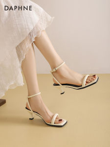 Daphne Womens Sandals High Heels Thin Heel Casual Style mid Heel Summer Shoes White Strap Buckle PU Leather Open Toe