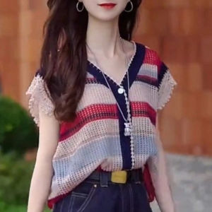Shalldoer | Fashionable Striped Color Block Hollow Out Knitwear Womens Summer Unique Attractive Single Piece V-Neck Short Sleeve Top