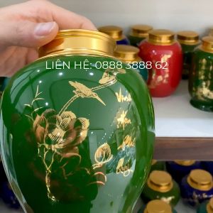 Bình đựng trà Bát Tràng nắp kín 2 lớp - Hoạ tiết hoa sen xanh đủ 5 màu - hũ đựng chè bình đựng chè khô