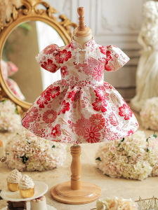 Elegant Baby Girl Birthday Dress One Year Old Ceremony Chinese Style Princess Skirt Summer Season Polyester Fabric Floral Pattern