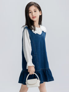 Girl Denim Vest Dress Spring and Autumn Kids Girl Childrens Ruffles Western Style Jumper Dress Sleeveless Dress
