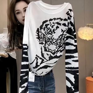 Elegant Tiger Print Long Sleeve T-Shirt Womens Base Layer Top Fashionable Design Korean Style Commute Polyester Fiber Quick Dry
