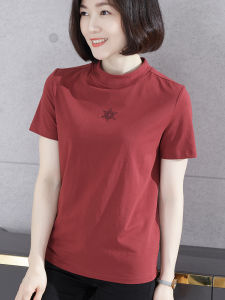 Red Mom Short Sleeve T-Shirt Pure Cotton Loose Fit Simple Summer Top Half High Collar Beautifully Designed for Small Stature
