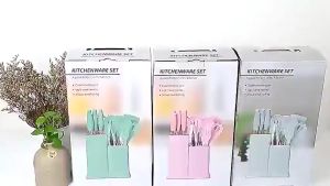 12 Piece Set of Silicone Kitchen Utensils Non Stick Spatula Wooden Handle Cooking Utensils