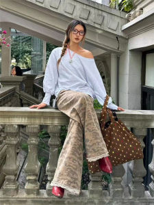 American Retro Lace Camouflage Wide Leg Jeans Women High Waist Slim Design Tall Extended Floor Length Pants Autumn Fashion