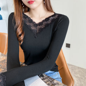 เสื้อยืดคอวีผ้าโมดอลลายลูกไม้สไตล์ฝรั่งเศส ทรงเข้ารูป แขนยาว ทรงหลวม ความยาวปกติ สำหรับผู้หญิง ช่วงฤดูใบไม้ร่วง