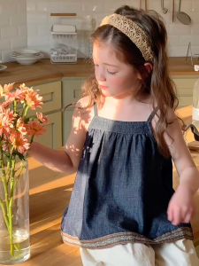 Aó Hai Dây Bé Gái Ambb Kids Chất Demin thêu Thổ Cẩm Mùa Hè