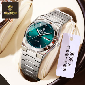 BINBOND นาฬิกาคู่รักสีทองสำหรับผู้หญิง/กันน้ำผู้ชายของแท้แฟชั่นใหม่สามารถจำนำได้ปฏิทินสเตนเลสนาฬิกาข้อมือลำลองอันสดใส