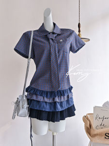 Retro Plaid Doll Collar Hem Lace Short Sleeve Shirt Mesh Patchwork Double Layer Pleated Mini Skirt Spring Fashion Set for Women