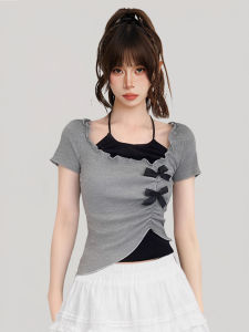Grey Asymmetrical Bow Tie Short Sleeve T-Shirt Womens Summer Slim Fit Waist Cinched Short Style Sweet And Spicy Top