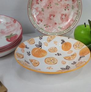 จานเซรามิค จานกระเบื้อง ชามคาเฟ่ ชามคาเฟ่  รุ่น ลายส้ม กระต่าย สตอเบอรี่ ขนาด 8นิ้ว เข้าไมโครเวฟได้ สไตล์มินิมอล