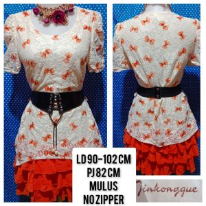 DRESS LENGAN PENDEK BRUKAT ORANGE (JINKONGGUE) 234