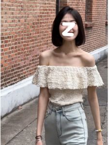 Fairy off-Shoulder Short-Sleeved T-shirt for Women Summer Silm Slimming and Shoulder Hollow Fancy Ruffles Collarbone Sweet and Spicy Tops