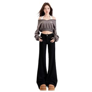 Quần Jeans Ống Loe Màu Đen Cạp Thấp Cho Nữ Quần Dài Dài Đến Sàn Kiểu Dáng Mùa Thu 2025 Quần Jeans Nữ Kiểu Dáng Mới