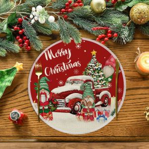 VIKAMA Màu Be Đỏ Thẫm Cây Giáng Sinh Tròn Placemat Đỏ Hồng Thông Ngôi Sao Vàng Merry Text Xmas Bàn Thảm Vải Lanh Cao Cấp Trang Trí